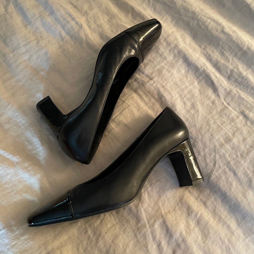 Black patent and leather heels